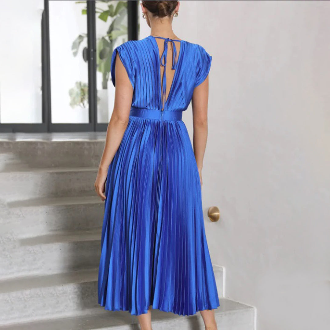 Metallic Sunray Pleated Deep V-Neck Wide Strap Midi Dress