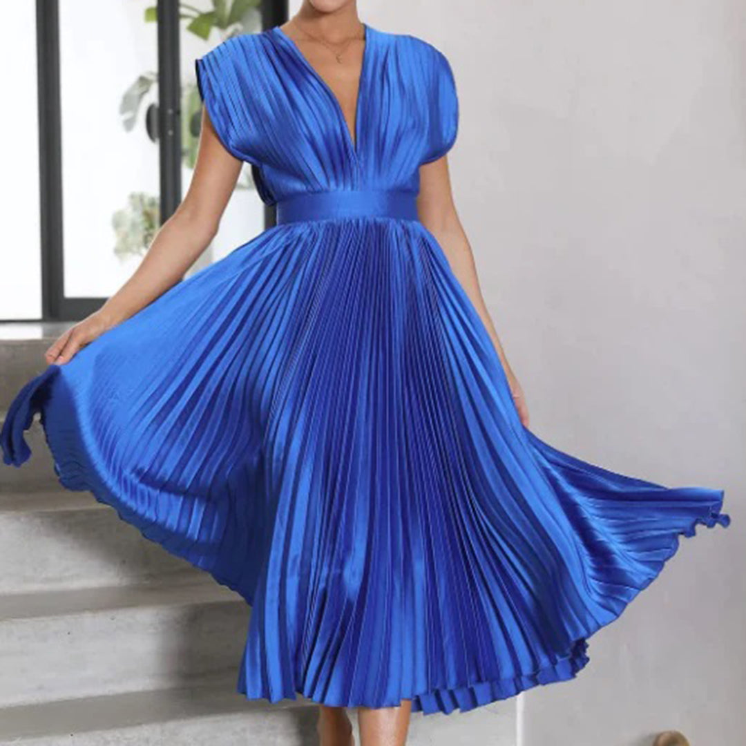 Metallic Sunray Pleated Deep V-Neck Wide Strap Midi Dress