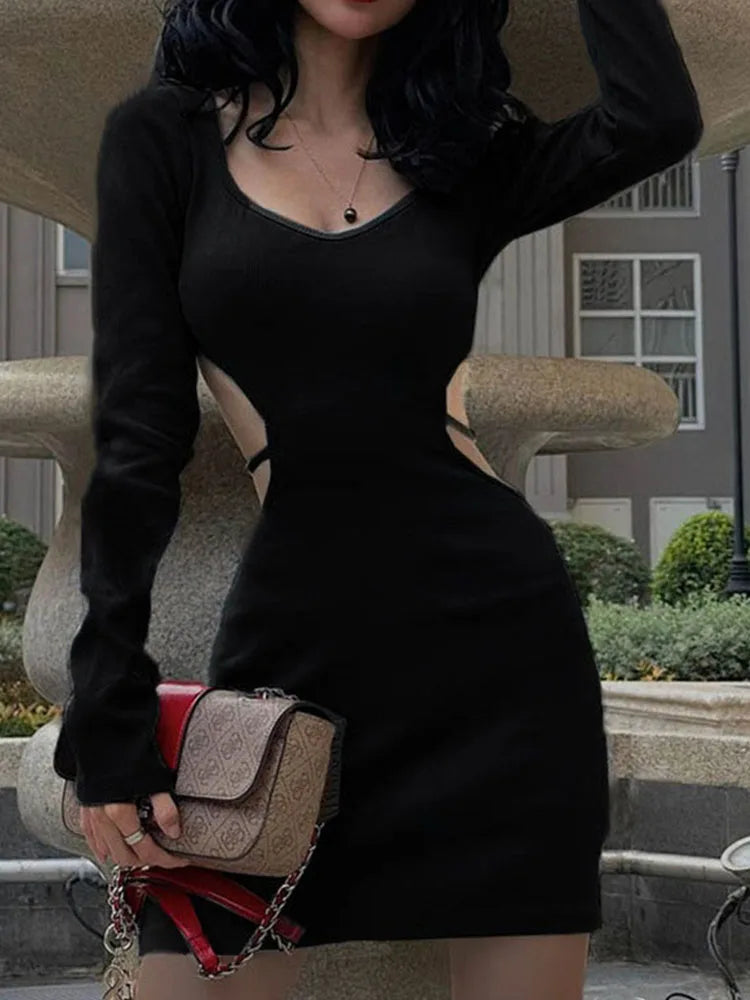 Ribbed Knit Long Sleeve Scoop Neck Side Cut Out Bodycon Mini Dress