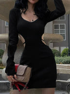 Ribbed Knit Long Sleeve Scoop Neck Side Cut Out Bodycon Mini Dress