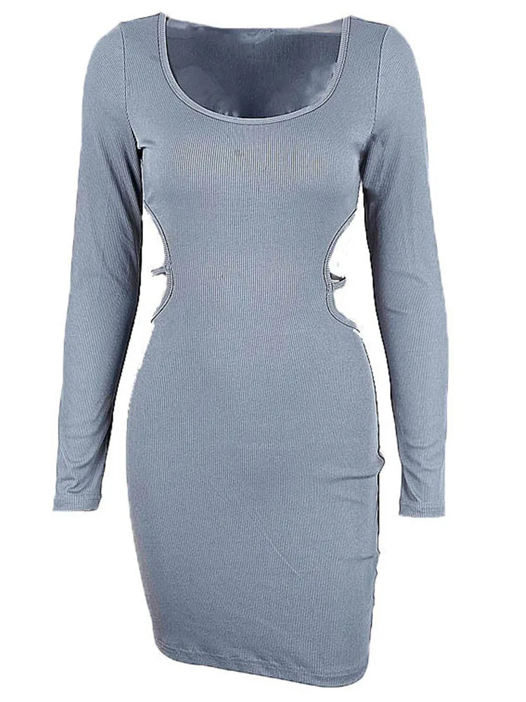 Ribbed Knit Long Sleeve Scoop Neck Side Cut Out Bodycon Mini Dress