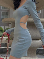 Ribbed Knit Long Sleeve Scoop Neck Side Cut Out Bodycon Mini Dress