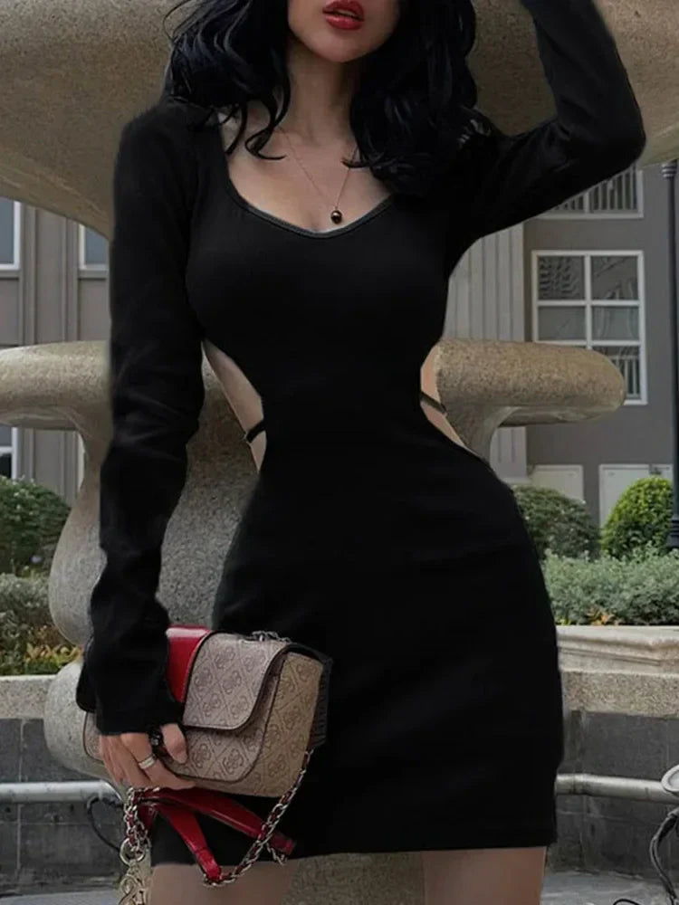 Ribbed Knit Long Sleeve Scoop Neck Side Cut Out Bodycon Mini Dress