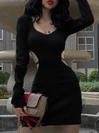 Ribbed Knit Long Sleeve Scoop Neck Side Cut Out Bodycon Mini Dress