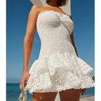 Strapless Smocked Tiered Ruffle Broderie Anglaise Eyelet Mini Dress