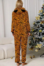 Blue Zone Planet | Animal Print Zip-Up Hooded Flannel Jumpsuit with Pockets