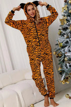 Blue Zone Planet | Animal Print Zip-Up Hooded Flannel Jumpsuit with Pockets