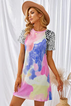 Blue Zone Planet | Tie-Dye Leopard Short Raglan Sleeve T-Shirt Dress
