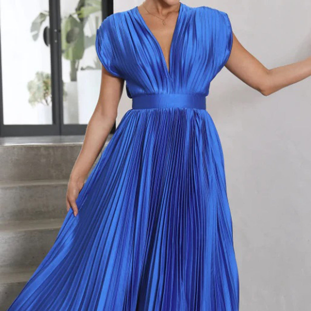 Metallic Sunray Pleated Deep V-Neck Wide Strap Midi Dress