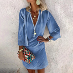 Velvet V-Neck Bell Sleeve Embroidered Eyelet Hem Mini Dress