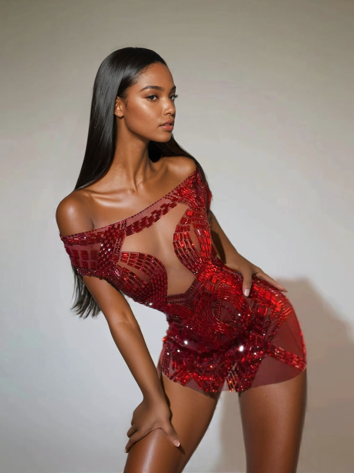 Rhinestone Embellished Off Shoulder Mesh Illusion Bodycon Mini Dress