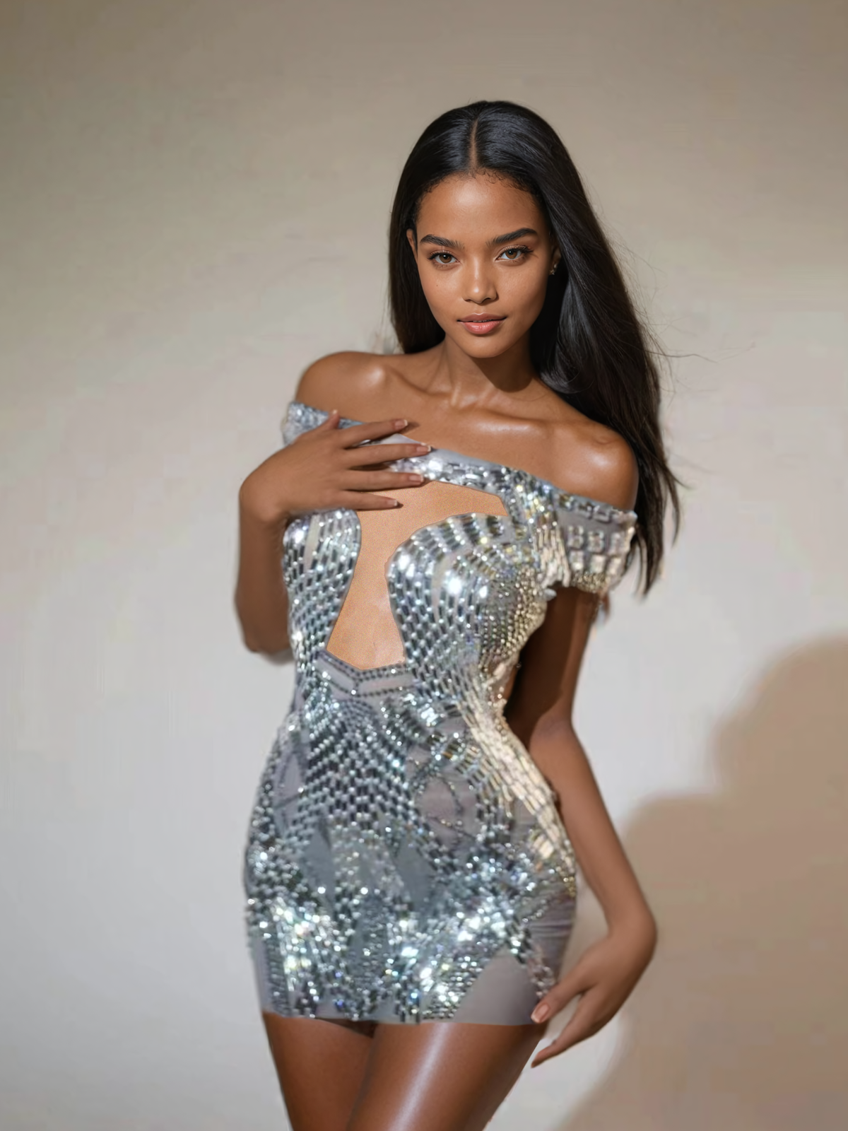 Rhinestone Embellished Off Shoulder Mesh Illusion Bodycon Mini Dress