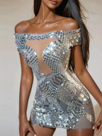 Rhinestone Embellished Off Shoulder Mesh Illusion Bodycon Mini Dress