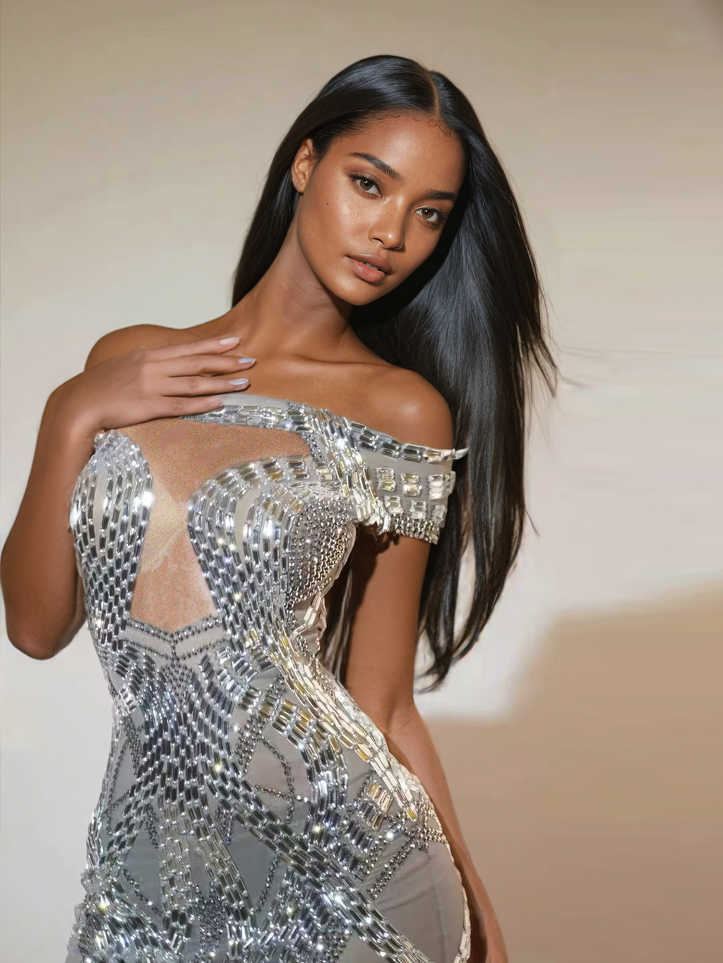 Rhinestone Embellished Off Shoulder Mesh Illusion Bodycon Mini Dress