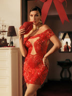 Rhinestone Embellished Off Shoulder Mesh Illusion Bodycon Mini Dress
