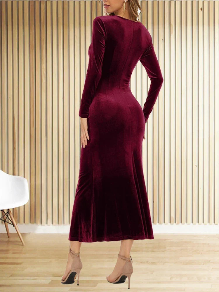 Wrap V Neck Ruched Velvet Long Sleeve Bodycon Maxi Dress