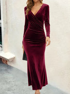 Wrap V Neck Ruched Velvet Long Sleeve Bodycon Maxi Dress