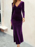 Wrap V Neck Ruched Velvet Long Sleeve Bodycon Maxi Dress