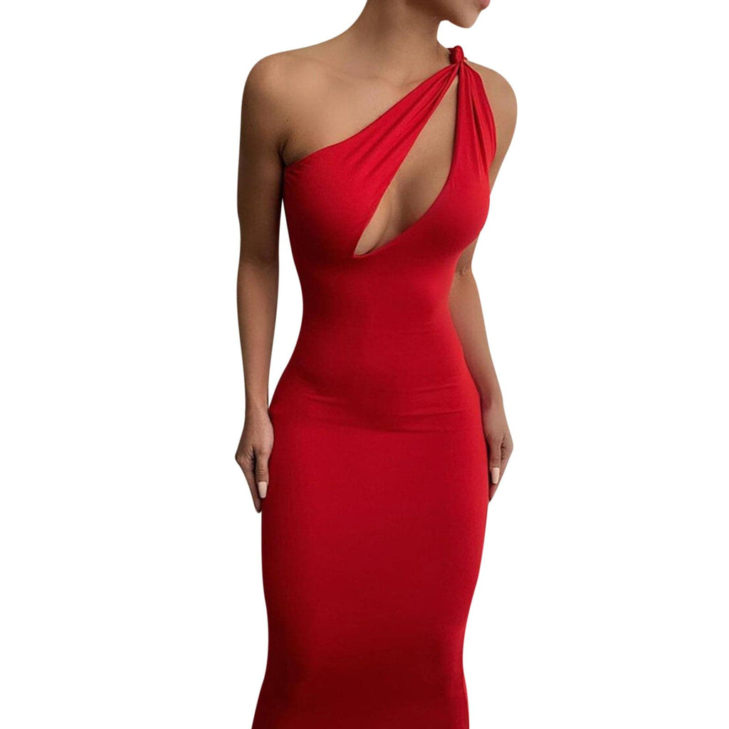 One Shoulder Knot Strap Slash Cut Out Bodycon Maxi Dress