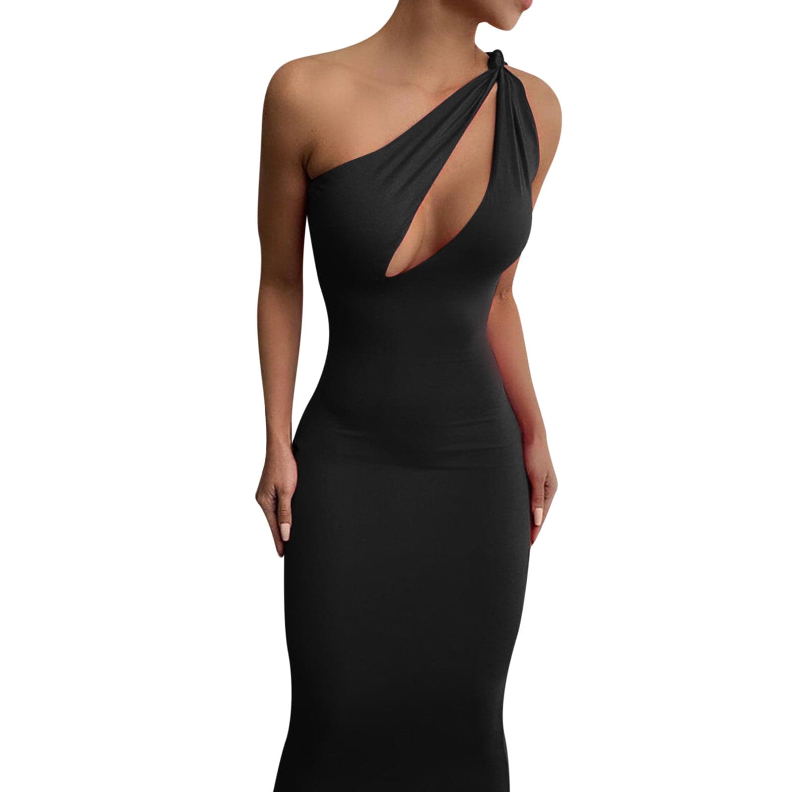 One Shoulder Knot Strap Slash Cut Out Bodycon Maxi Dress