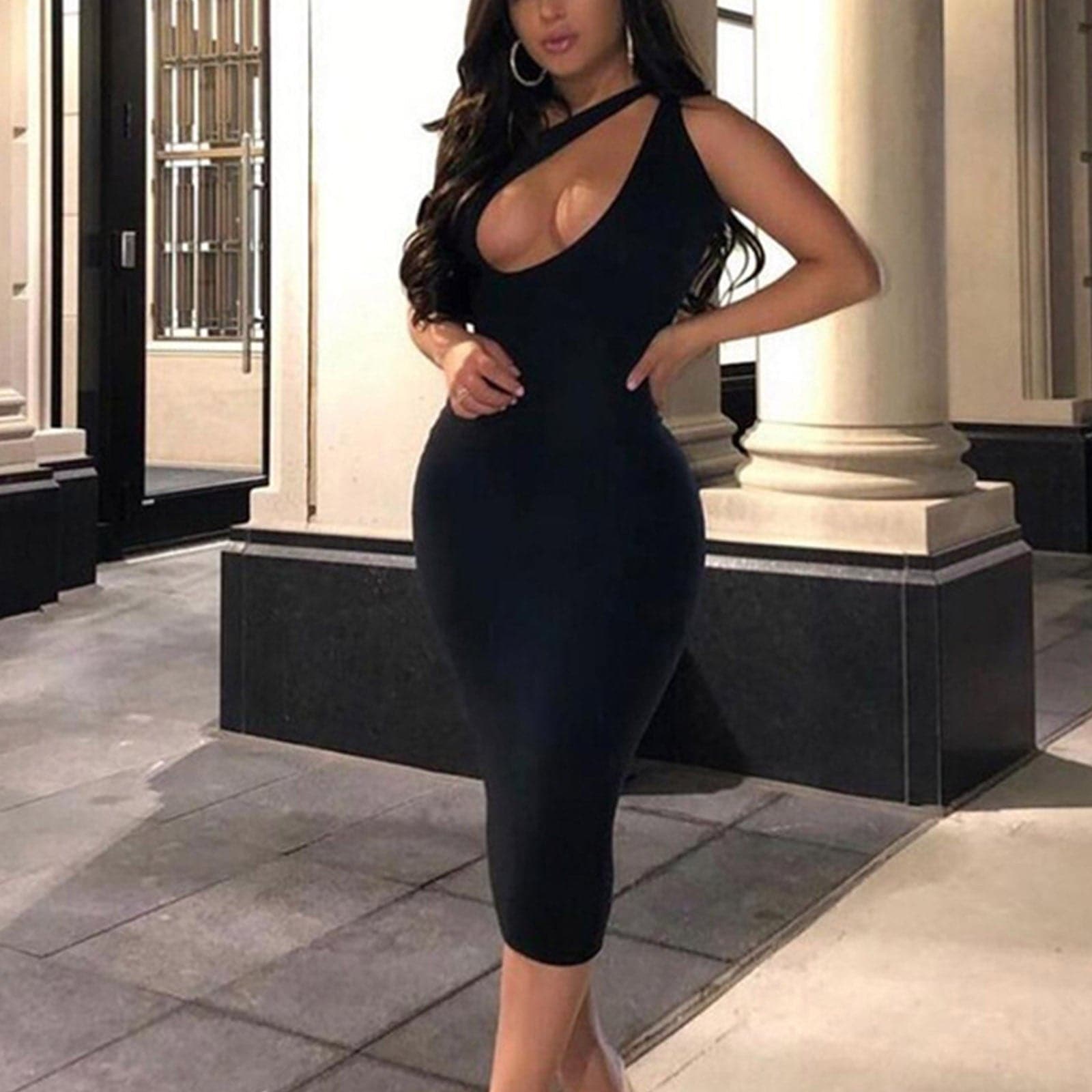 One Shoulder Knot Strap Slash Cut Out Bodycon Maxi Dress
