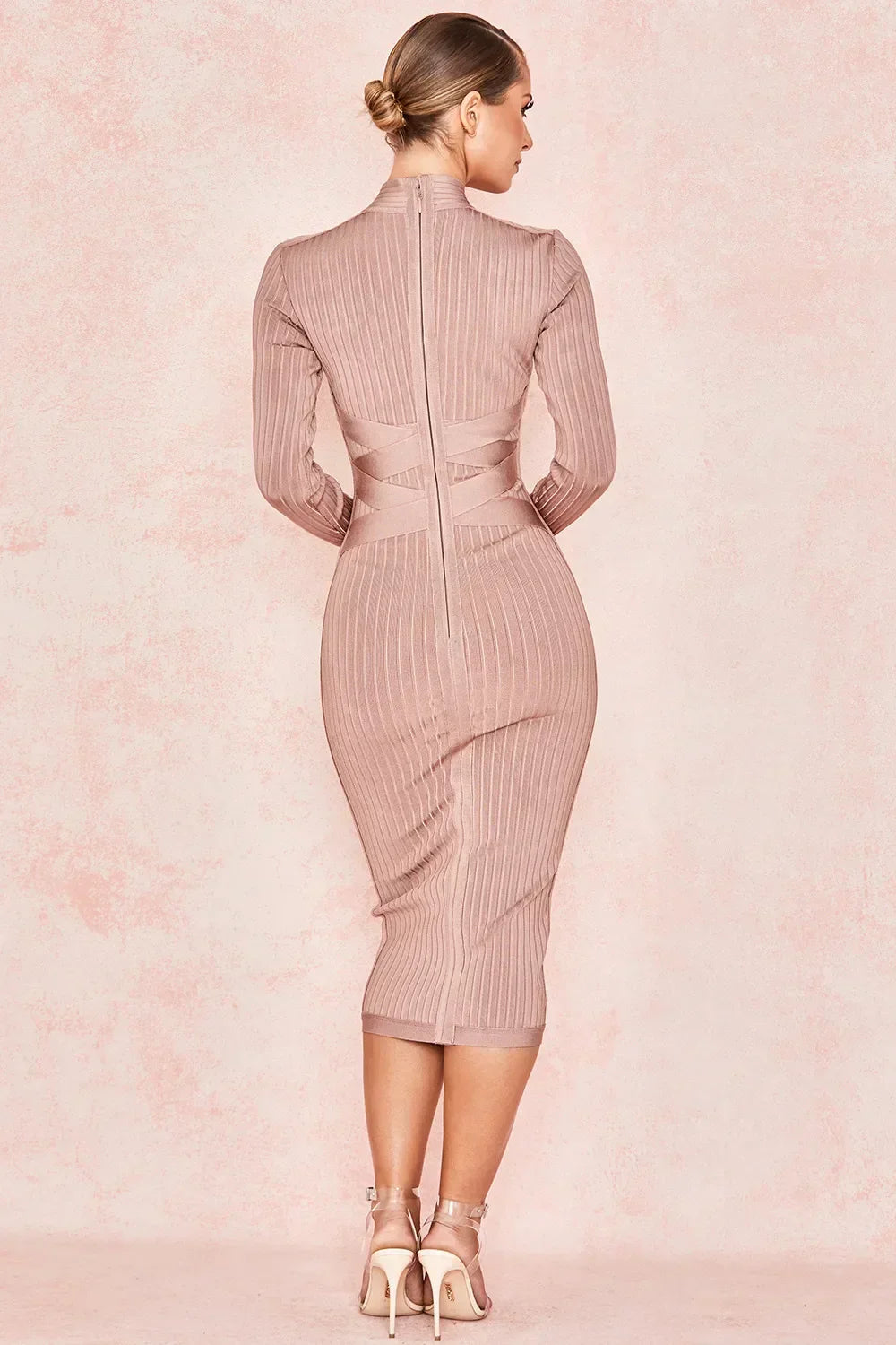 Mock Neck Long Sleeve Ribbed Bandage Wrap Waist Midi Bodycon Dress