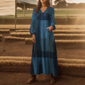 Paneled V-Neck Button Front Lantern Sleeve Tiered Pocket Maxi Dress