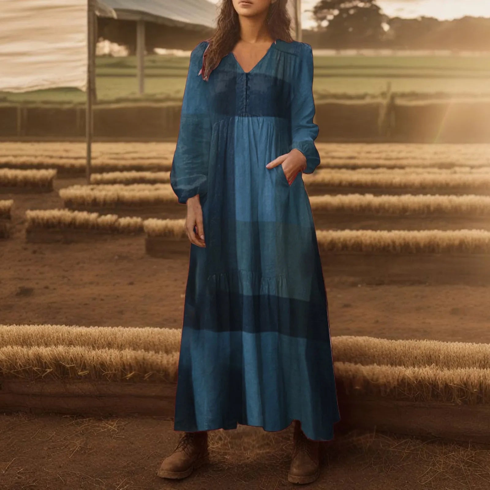 Paneled V-Neck Button Front Lantern Sleeve Tiered Pocket Maxi Dress