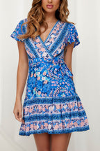 Bohemian V Neck Tie-waist Slit Mini Dress