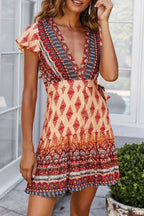 Bohemian V Neck Tie-waist Slit Mini Dress