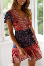 Bohemian V Neck Tie-waist Slit Mini Dress