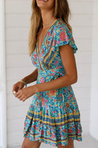 Bohemian V Neck Tie-waist Slit Mini Dress