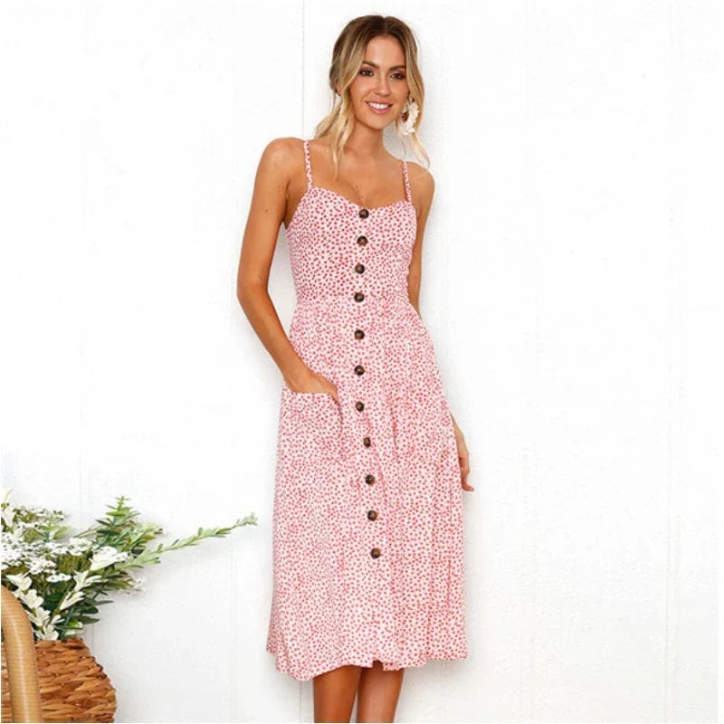 Ditsy Floral Print Spaghetti Strap Button Front Patch Pocket A-Line Midi Dress