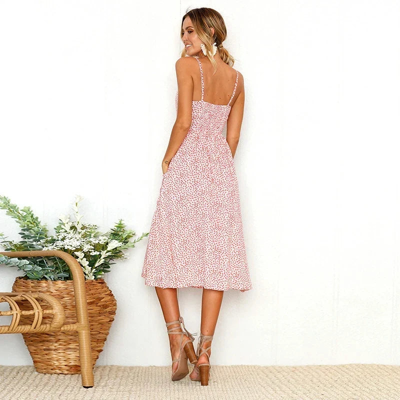 Ditsy Floral Print Spaghetti Strap Button Front Pocket Midi Dress