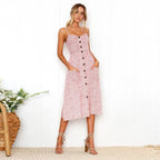 Ditsy Floral Print Spaghetti Strap Button Front Patch Pocket A-Line Midi Dress