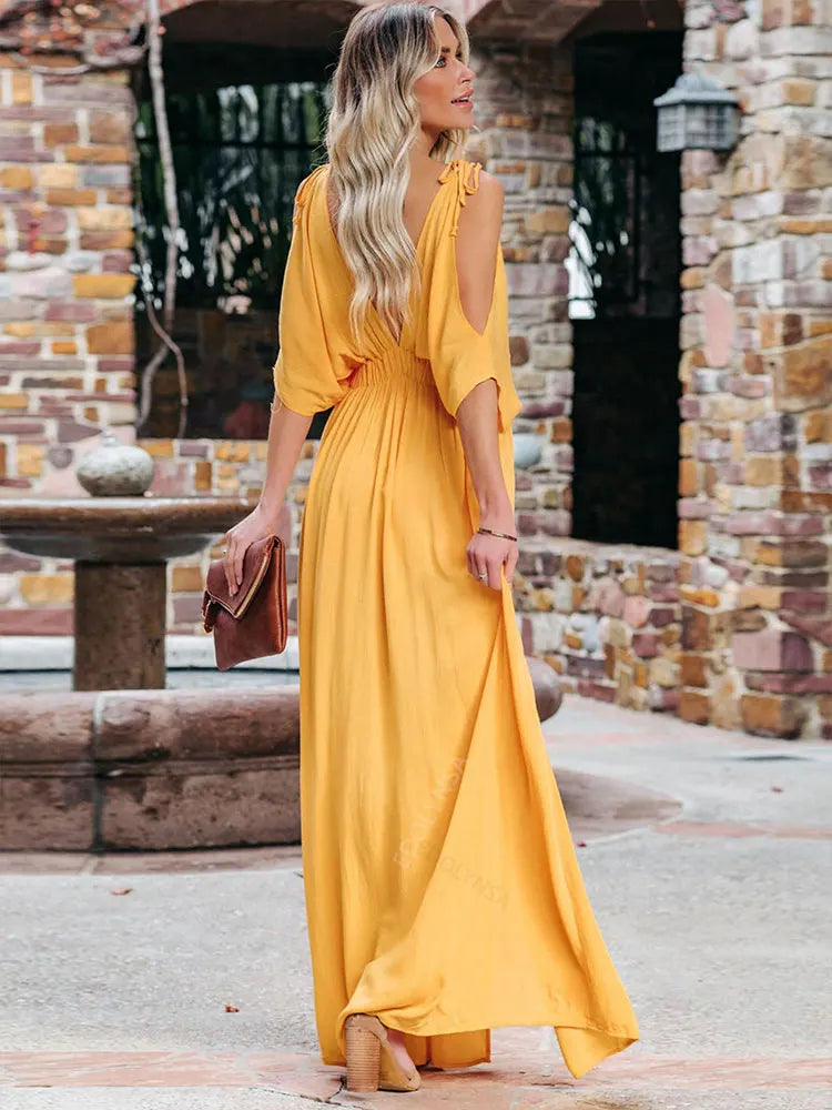 Deep V-Neck Cold Shoulder Flutter Sleeve High Waist Double Slit Chiffon Maxi Dress