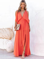 Deep V-Neck Cold Shoulder Flutter Sleeve High Waist Double Slit Chiffon Maxi Dress