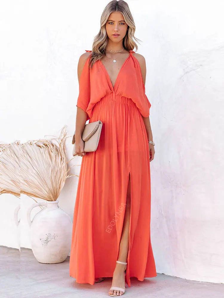 Deep V-Neck Cold Shoulder Flutter Sleeve High Waist Double Slit Chiffon Maxi Dress