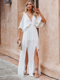 Deep V-Neck Cold Shoulder Flutter Sleeve High Waist Double Slit Chiffon Maxi Dress