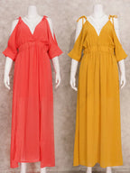 Deep V-Neck Cold Shoulder Flutter Sleeve High Waist Double Slit Chiffon Maxi Dress