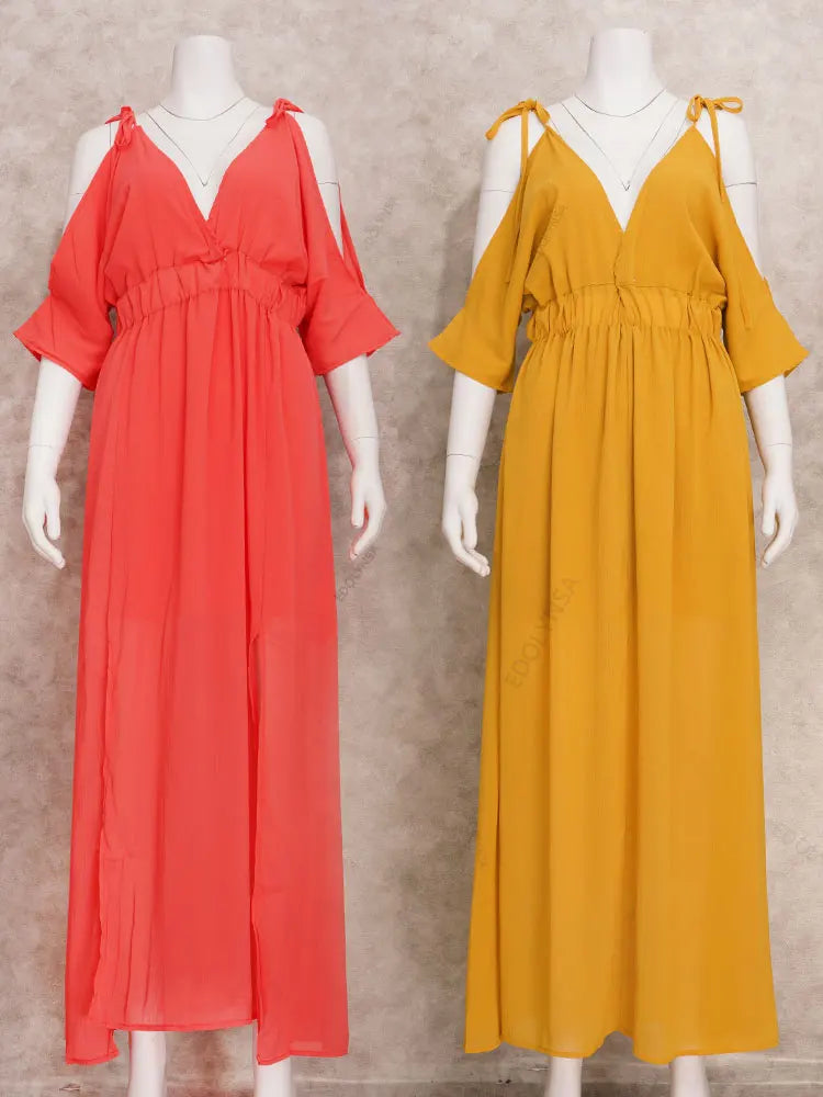 Deep V-Neck Cold Shoulder Flutter Sleeve High Waist Double Slit Chiffon Maxi Dress