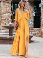 Deep V-Neck Cold Shoulder Flutter Sleeve High Waist Double Slit Chiffon Maxi Dress