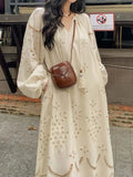 Split V-Neck Eyelet Embroidery Lantern Sleeve Tassel Tie Maxi Dress