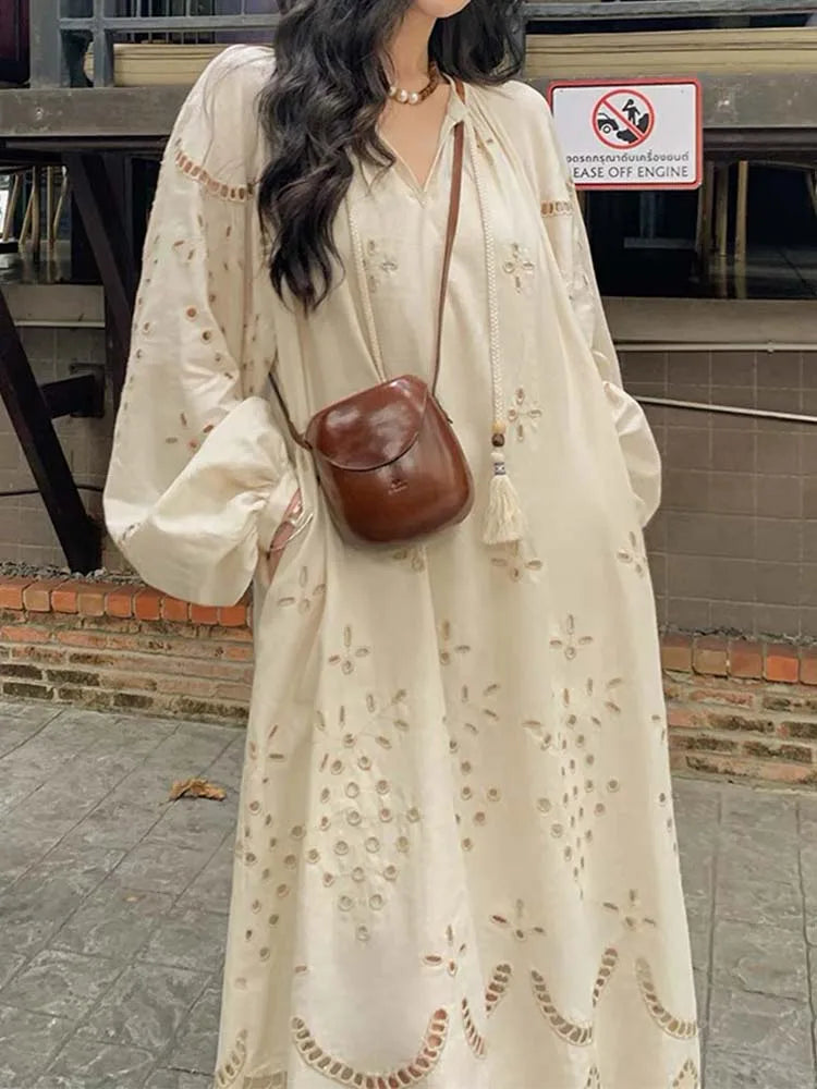 Split V-Neck Eyelet Embroidery Lantern Sleeve Tassel Tie Maxi Dress