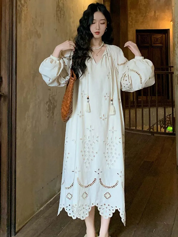 Split V-Neck Eyelet Embroidery Lantern Sleeve Tassel Tie Maxi Dress