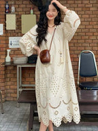 Split V-Neck Eyelet Embroidery Lantern Sleeve Tassel Tie Maxi Dress