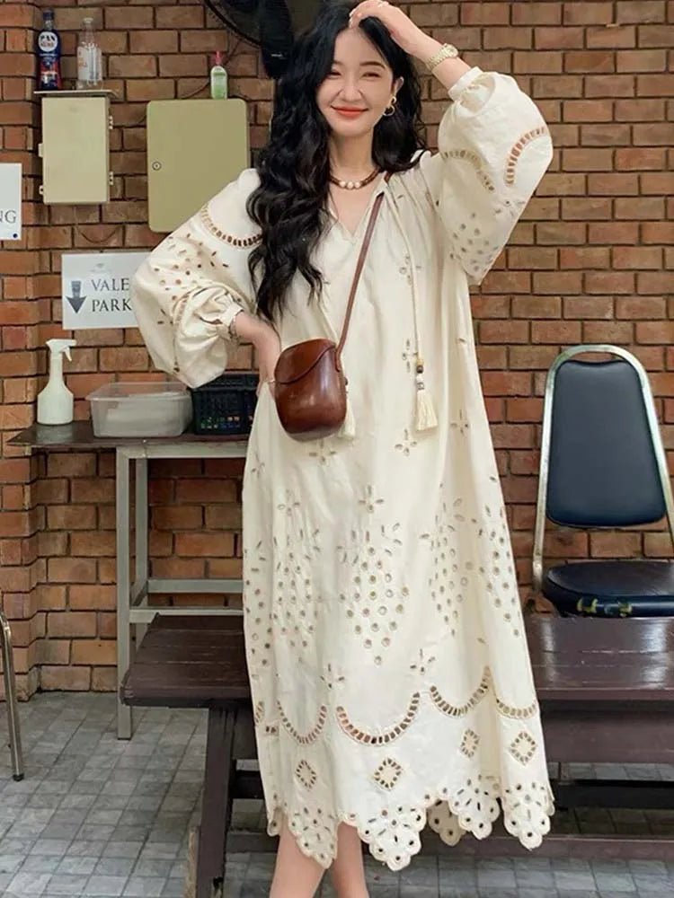 Split V-Neck Eyelet Embroidery Lantern Sleeve Tassel Tie Maxi Dress