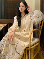 Split V-Neck Eyelet Embroidery Lantern Sleeve Tassel Tie Maxi Dress