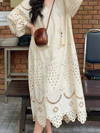 Split V-Neck Eyelet Embroidery Lantern Sleeve Tassel Tie Maxi Dress