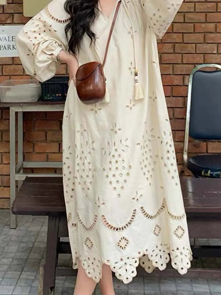 Split V-Neck Eyelet Embroidery Lantern Sleeve Tassel Tie Maxi Dress